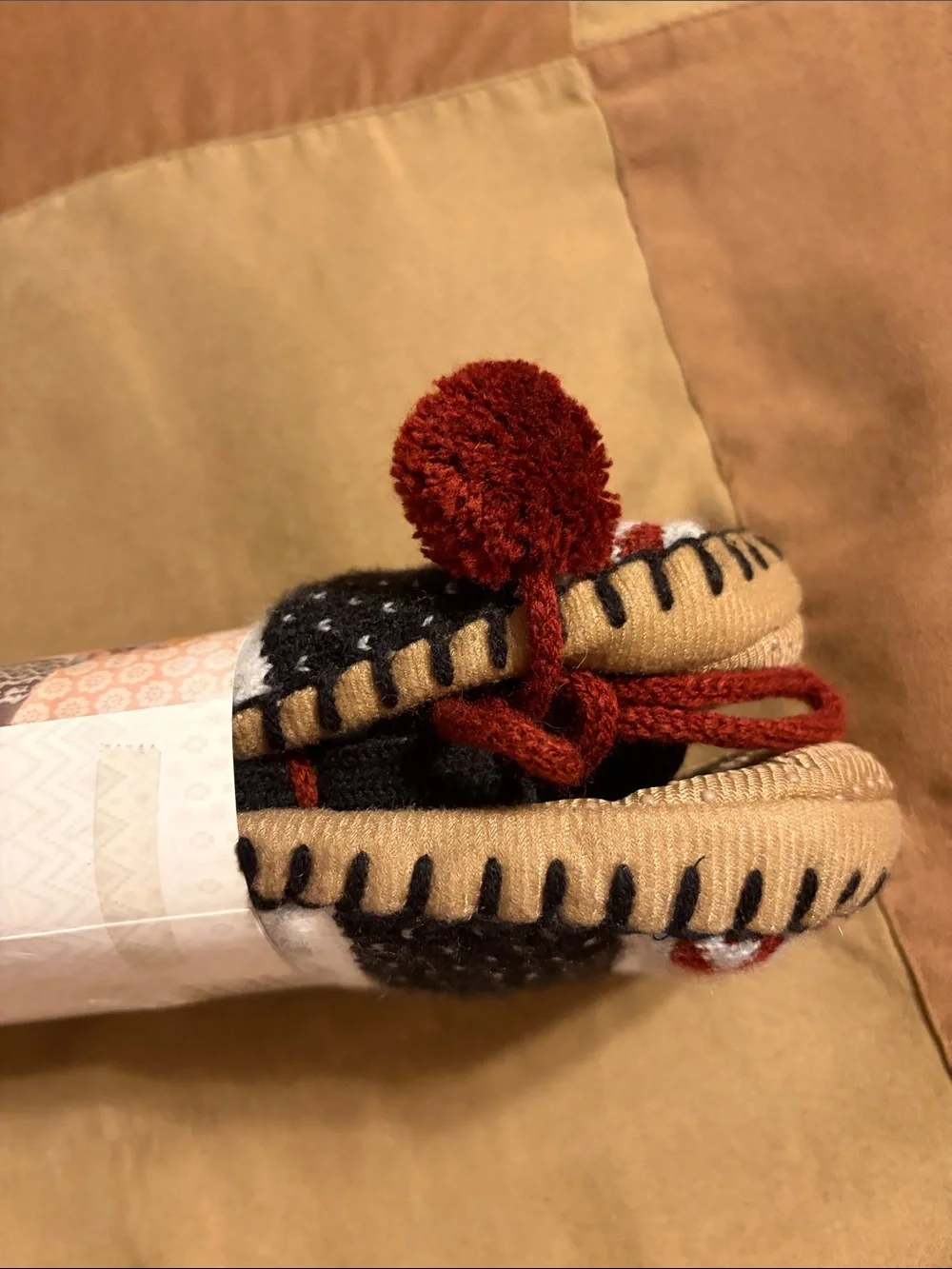 The Original Muk Luks-  Black, White & Burgundy Patterned Gripper Socks. (L/XL)